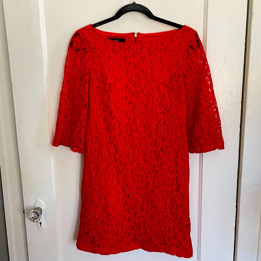 Red Nine West A-line lace overlay dress